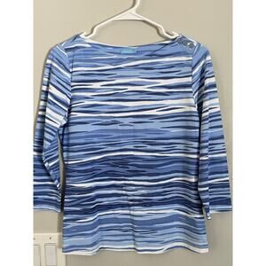 J. McLaughlin Wavesong Boat Neck 3/4 Sleeve Button Shoulder Top Sz S Blue White